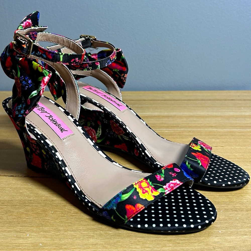Betsey Johnson Floral Polka Dot Neely Bow Ankle Strap Strappy Wedge Sandals